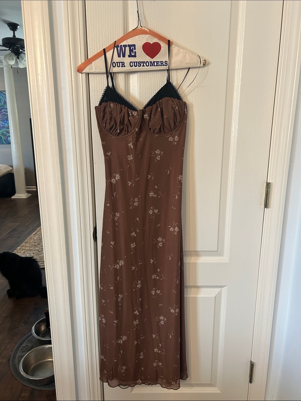 NWT Le Lis Brown Floral Slip Dress with Black Lace Trim
